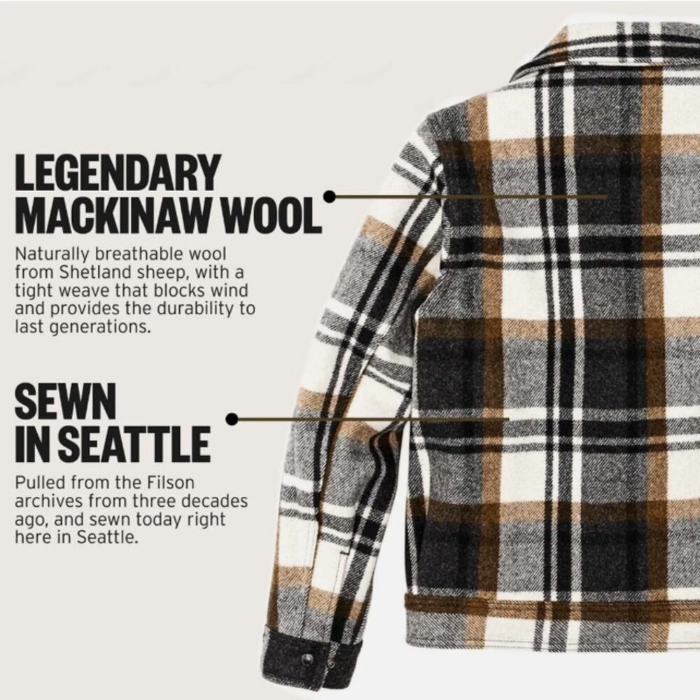 Filson Mackinaw Wool Work Jacket Blue Coal Copper Heather Plaid Medium - Picture 2 of 12